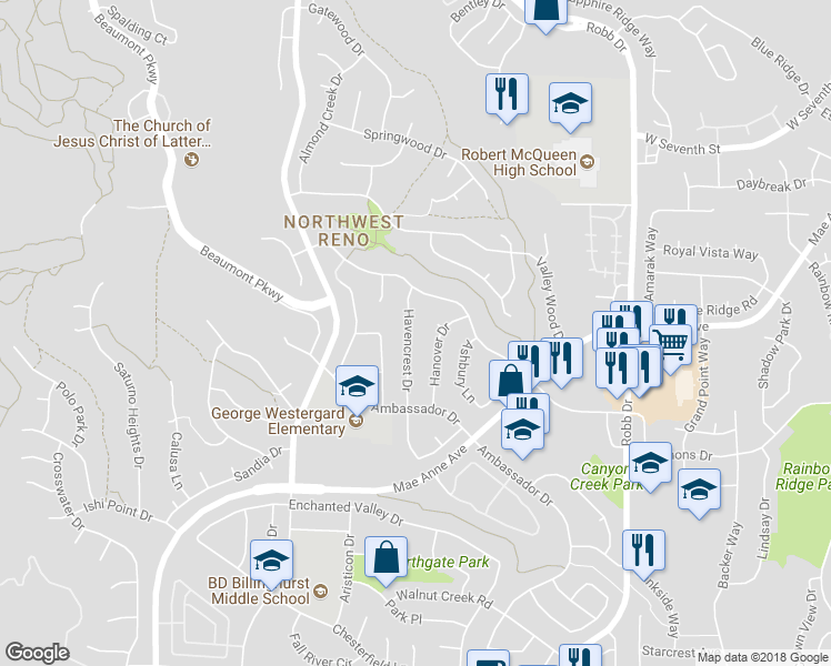 map of restaurants, bars, coffee shops, grocery stores, and more near 1722 Havencrest Drive in Reno