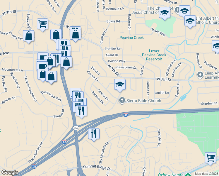map of restaurants, bars, coffee shops, grocery stores, and more near 3480 Rauscher Drive in Reno