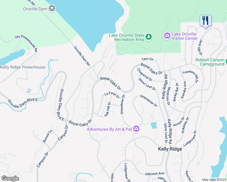 map of restaurants, bars, coffee shops, grocery stores, and more near 12 La Foret Drive in Oroville