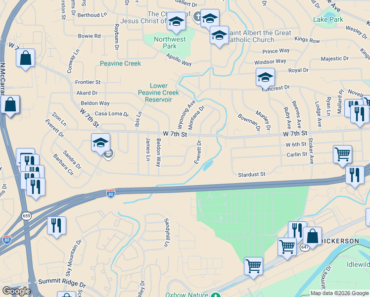 map of restaurants, bars, coffee shops, grocery stores, and more near 2600 Fair Circle in Reno