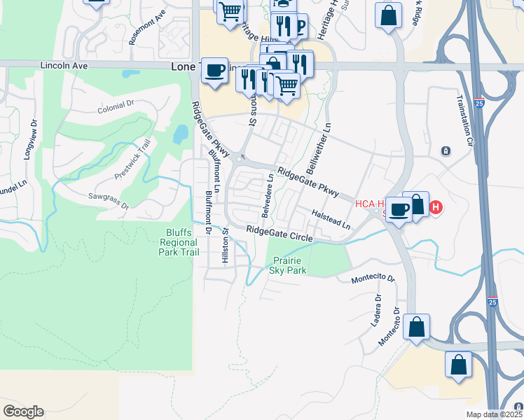 map of restaurants, bars, coffee shops, grocery stores, and more near 10291 Belvedere Lane in Lone Tree