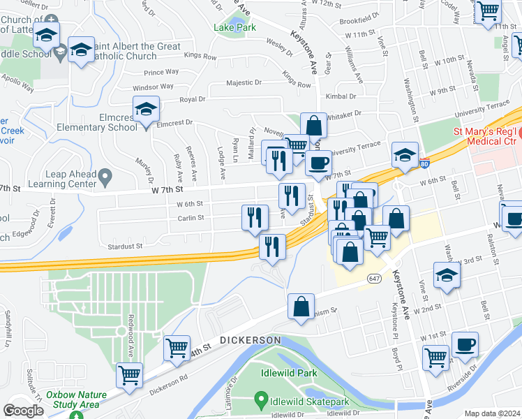 map of restaurants, bars, coffee shops, grocery stores, and more near 1395 Carlin Street in Reno