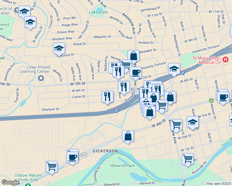 map of restaurants, bars, coffee shops, grocery stores, and more near 565 Elgin Avenue in Reno