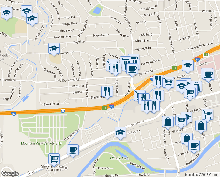 map of restaurants, bars, coffee shops, grocery stores, and more near 1405 Carlin Street in Reno