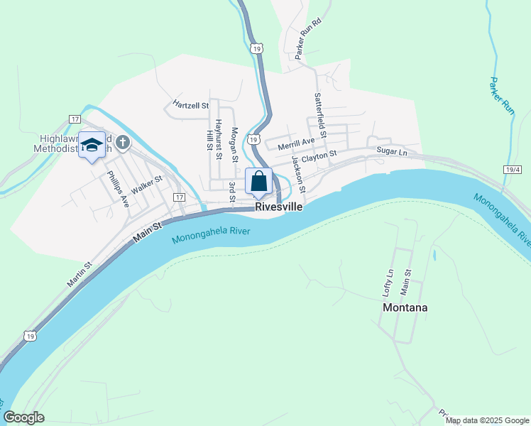 map of restaurants, bars, coffee shops, grocery stores, and more near 29 Main Street in Rivesville