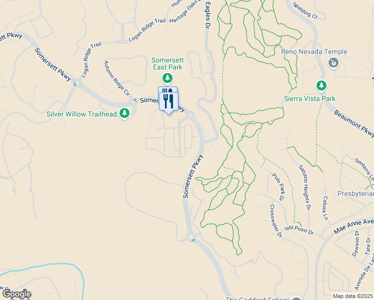 map of restaurants, bars, coffee shops, grocery stores, and more near 1618 Spring Hill Drive in Reno
