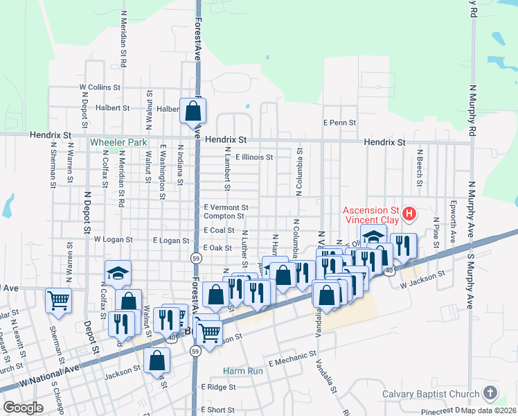 map of restaurants, bars, coffee shops, grocery stores, and more near North Alabama Street in Brazil