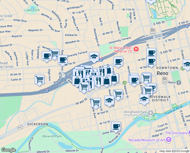 map of restaurants, bars, coffee shops, grocery stores, and more near 787 West 5th Street in Reno