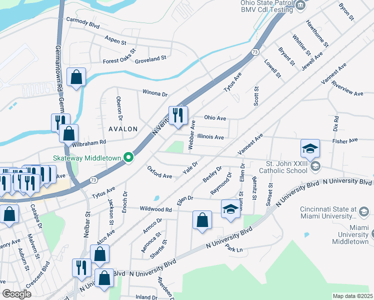 map of restaurants, bars, coffee shops, grocery stores, and more near 1606 Webber Avenue in Middletown