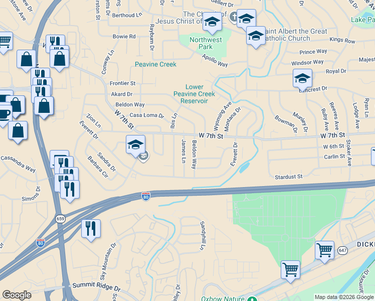 map of restaurants, bars, coffee shops, grocery stores, and more near 664 James Lane in Reno