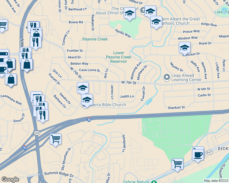 map of restaurants, bars, coffee shops, grocery stores, and more near 664 James Lane in Reno