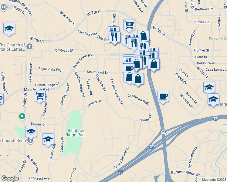 map of restaurants, bars, coffee shops, grocery stores, and more near 1799 Terrace Heights Lane in Reno
