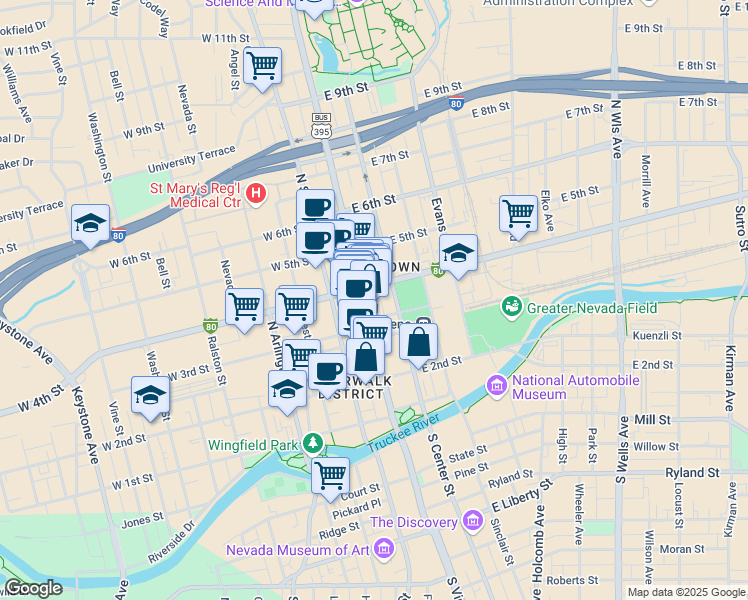 map of restaurants, bars, coffee shops, grocery stores, and more near 346 North Virginia Street in Reno