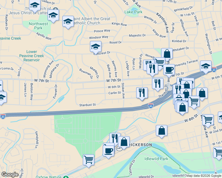 map of restaurants, bars, coffee shops, grocery stores, and more near 1800 West 6th Street in Reno