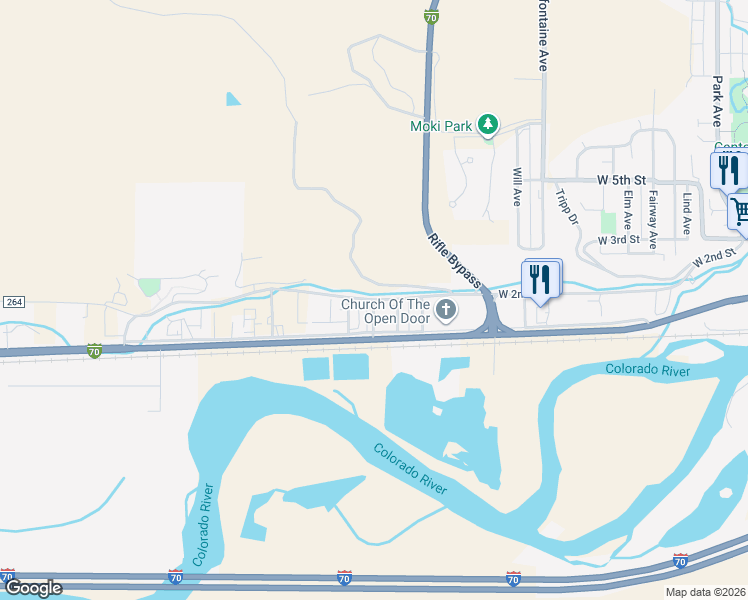 map of restaurants, bars, coffee shops, grocery stores, and more near 1747 W 2nd St in Rifle