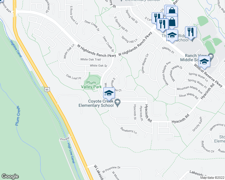 map of restaurants, bars, coffee shops, grocery stores, and more near 10221 South Woodrose Court in Littleton