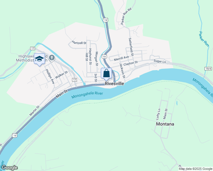map of restaurants, bars, coffee shops, grocery stores, and more near 29 Main Street in Rivesville