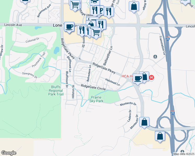 map of restaurants, bars, coffee shops, grocery stores, and more near 10289 Bellwether Lane in Lone Tree