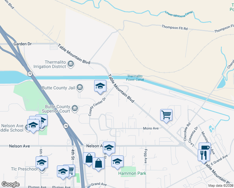 map of restaurants, bars, coffee shops, grocery stores, and more near 385 Table Mountain Boulevard in Oroville