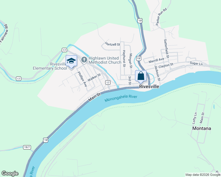 map of restaurants, bars, coffee shops, grocery stores, and more near 126 Main Street in Rivesville