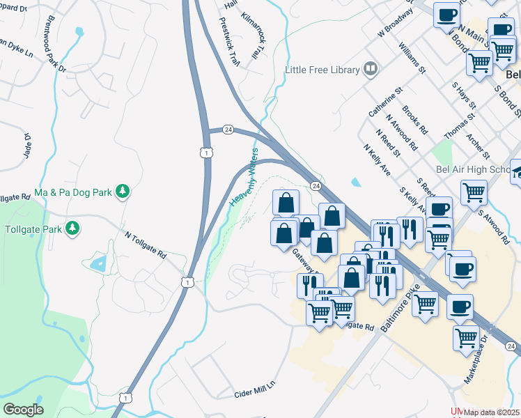 map of restaurants, bars, coffee shops, grocery stores, and more near 636 Wallingford Road in Bel Air