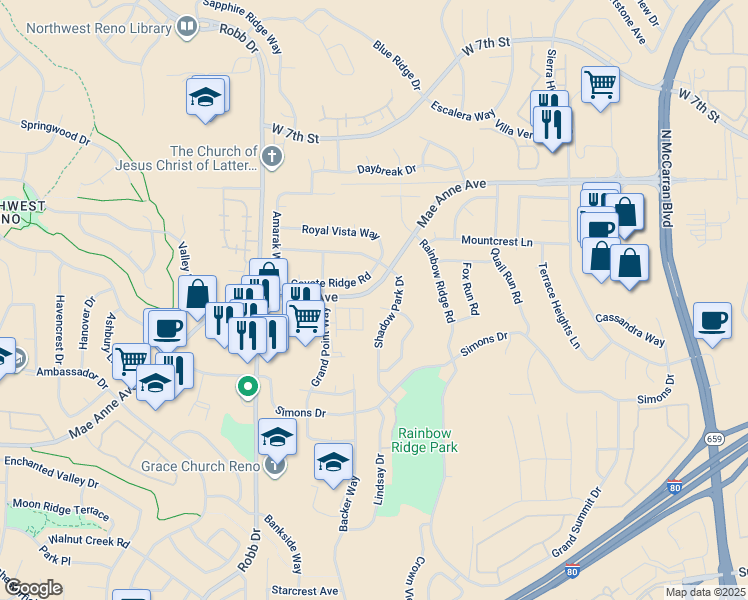 map of restaurants, bars, coffee shops, grocery stores, and more near 1721 Kristin Ct in Reno