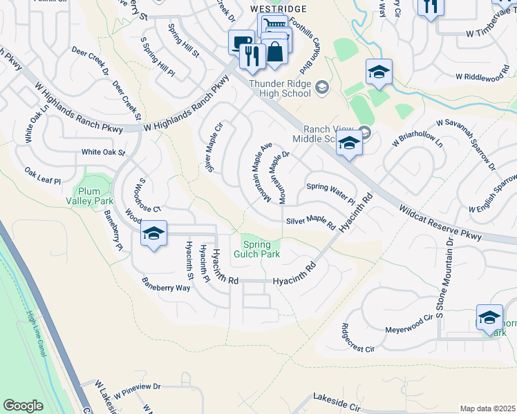 map of restaurants, bars, coffee shops, grocery stores, and more near 9921 Silver Maple Road in Littleton