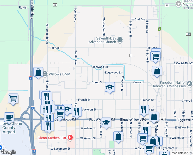 map of restaurants, bars, coffee shops, grocery stores, and more near 819 Sherwood Way in Willows