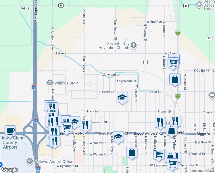 map of restaurants, bars, coffee shops, grocery stores, and more near 819 Sherwood Way in Willows