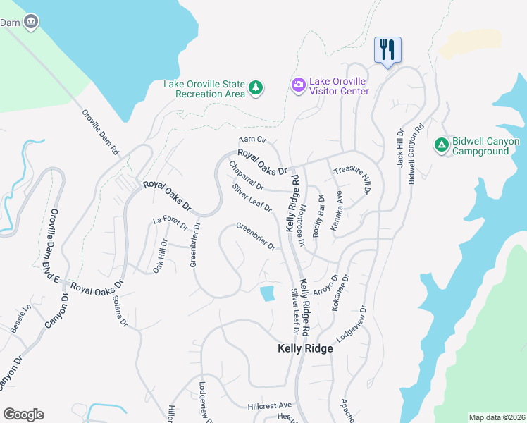 map of restaurants, bars, coffee shops, grocery stores, and more near 567 Silver Leaf Drive in Oroville