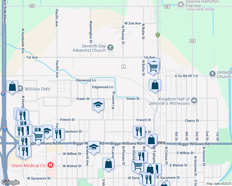 map of restaurants, bars, coffee shops, grocery stores, and more near 820 North Lassen Street in Willows