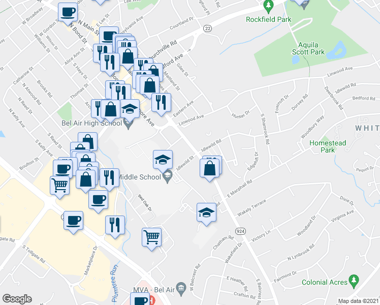 map of restaurants, bars, coffee shops, grocery stores, and more near 624 South Main Street in Bel Air