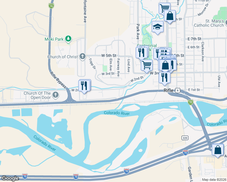 map of restaurants, bars, coffee shops, grocery stores, and more near 825 West 2nd Street in Rifle