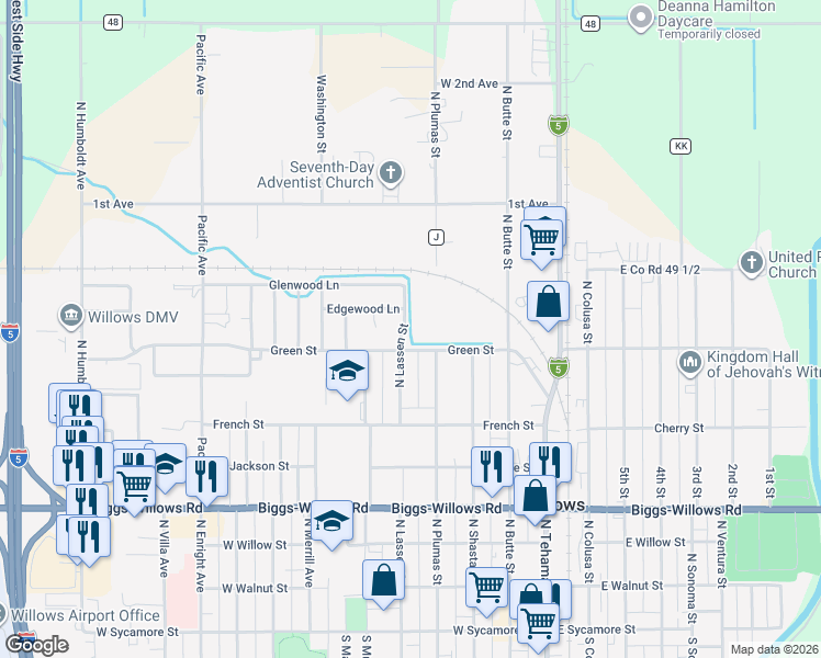 map of restaurants, bars, coffee shops, grocery stores, and more near 820 North Lassen Street in Willows