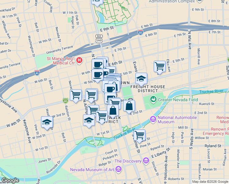 map of restaurants, bars, coffee shops, grocery stores, and more near  in Reno