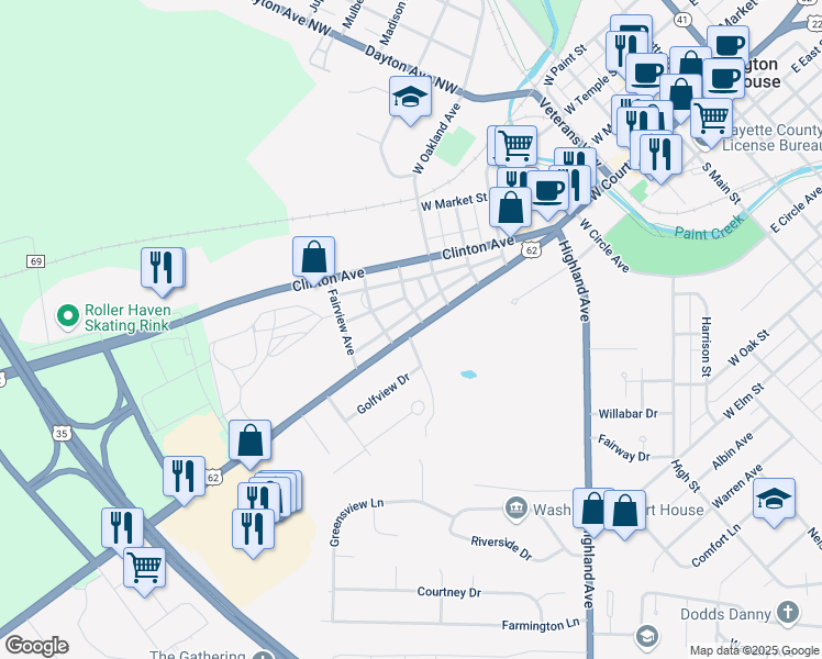 map of restaurants, bars, coffee shops, grocery stores, and more near 823 Leesburg Avenue in Washington Court House