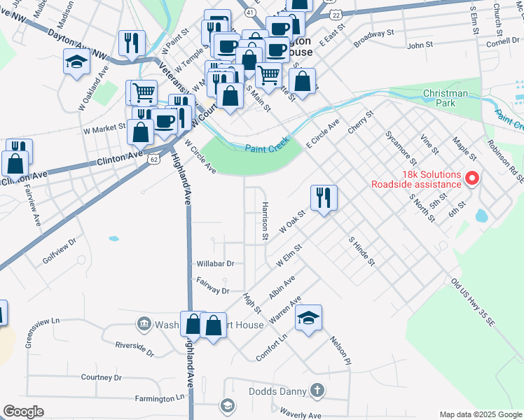map of restaurants, bars, coffee shops, grocery stores, and more near 553 Harrison Street in Washington Court House