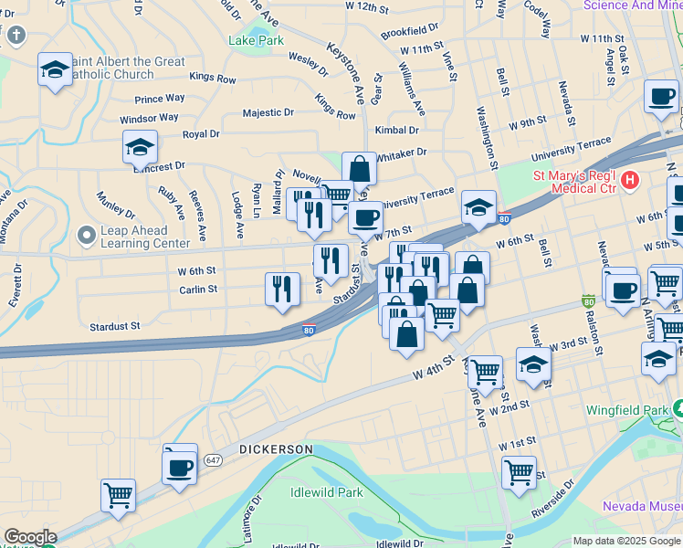 map of restaurants, bars, coffee shops, grocery stores, and more near 1201 Stardust St in Reno