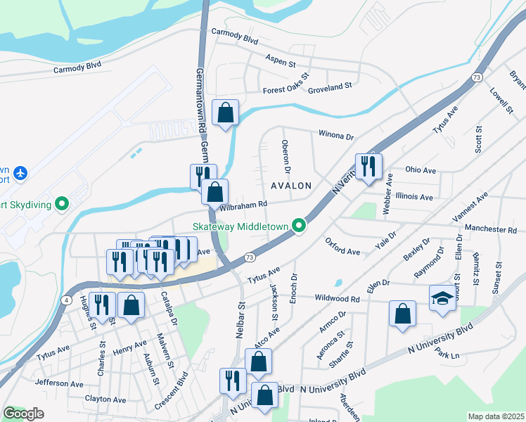 map of restaurants, bars, coffee shops, grocery stores, and more near 2460 Wilbraham Road in Middletown