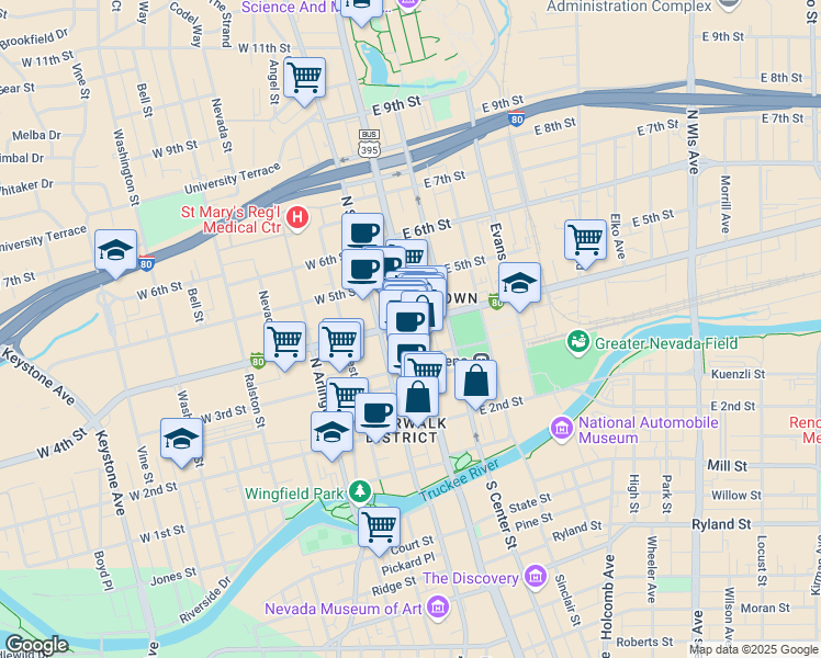 map of restaurants, bars, coffee shops, grocery stores, and more near in Reno