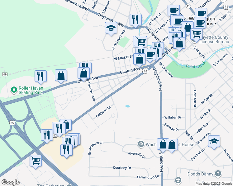 map of restaurants, bars, coffee shops, grocery stores, and more near 823 Leesburg Avenue in Washington Court House