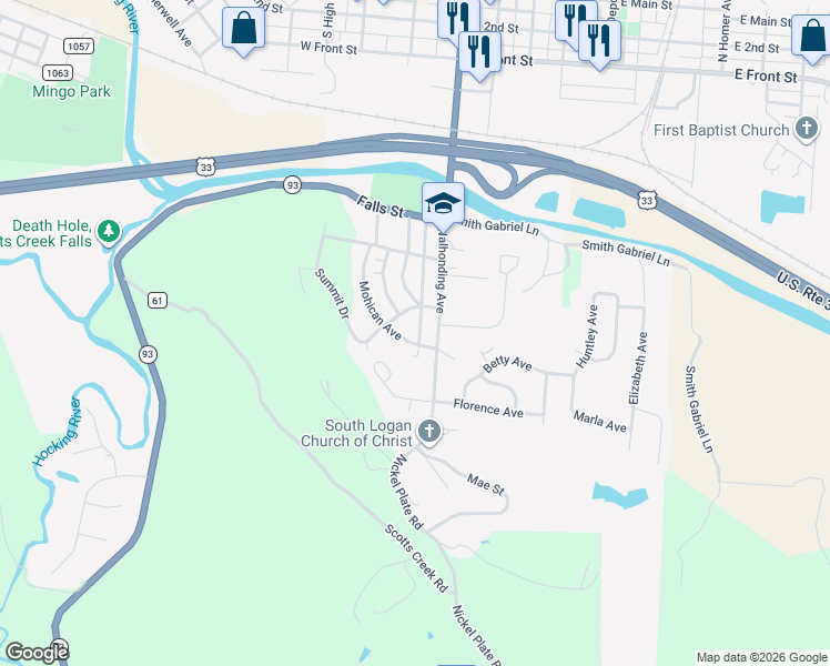 map of restaurants, bars, coffee shops, grocery stores, and more near 990 Mohican Avenue in Logan