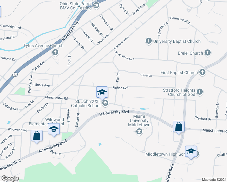 map of restaurants, bars, coffee shops, grocery stores, and more near 1618 Dix Road in Middletown