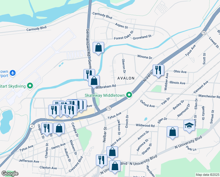 map of restaurants, bars, coffee shops, grocery stores, and more near 2460 Wilbraham Road in Middletown