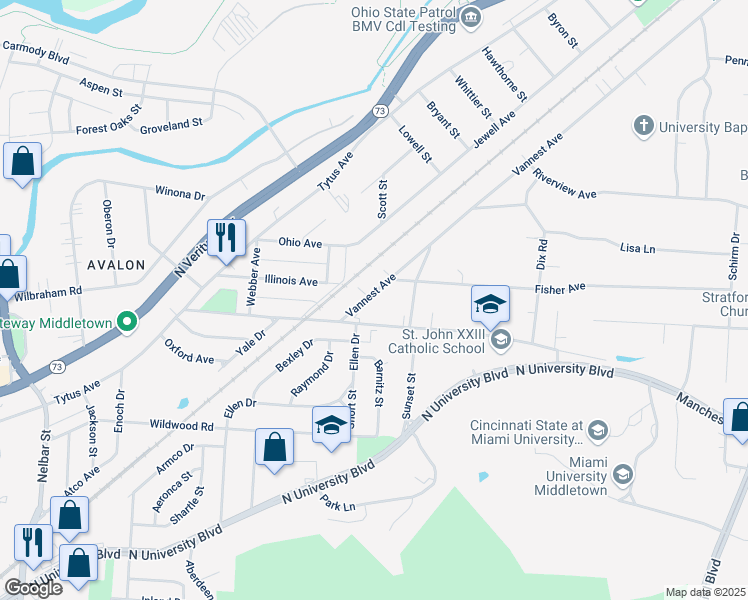 map of restaurants, bars, coffee shops, grocery stores, and more near 3416 Vannest Avenue in Middletown