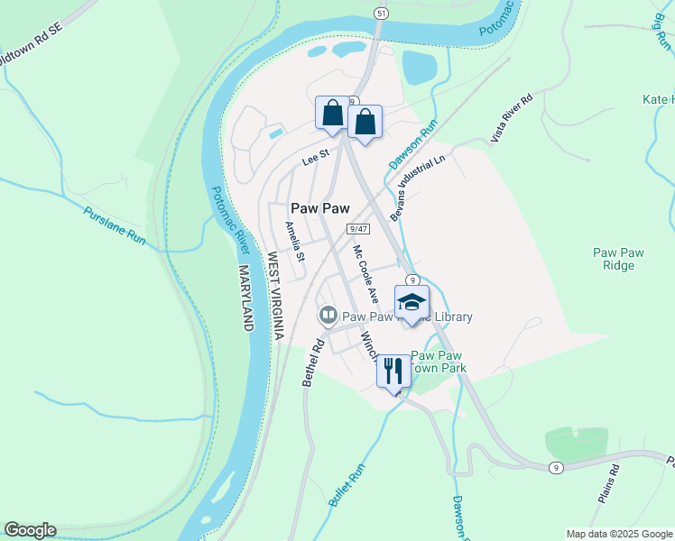 map of restaurants, bars, coffee shops, grocery stores, and more near 362 Winchester Street in Paw Paw