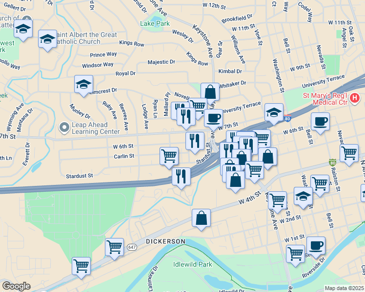 map of restaurants, bars, coffee shops, grocery stores, and more near 565 Elgin Avenue in Reno