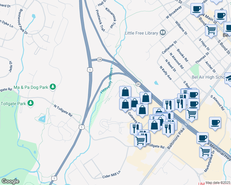 map of restaurants, bars, coffee shops, grocery stores, and more near 636 Wallingford Road in Bel Air