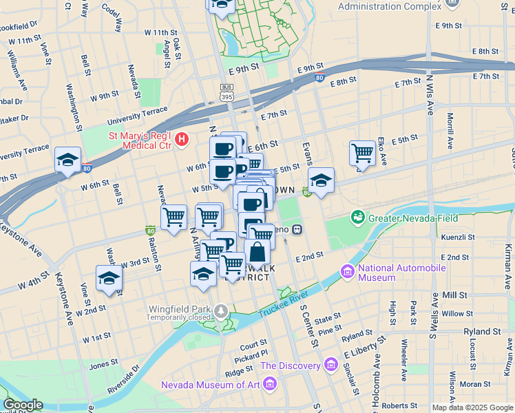 map of restaurants, bars, coffee shops, grocery stores, and more near 390 North Virginia Street in Reno