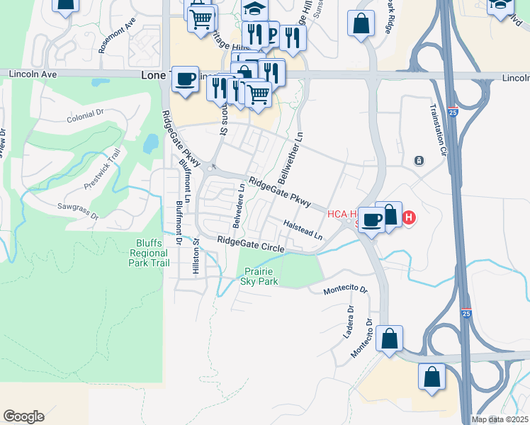 map of restaurants, bars, coffee shops, grocery stores, and more near 10265 Bellwether Lane in Lone Tree
